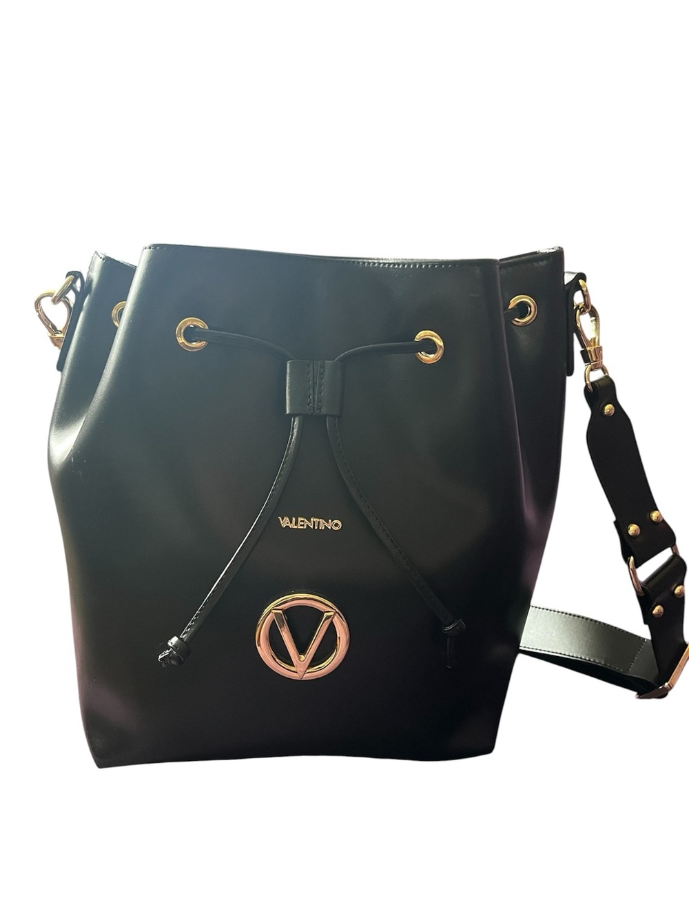 Large Authentic Valentino Black Leather Drawstring Bucket Shoulder Bag with Gold